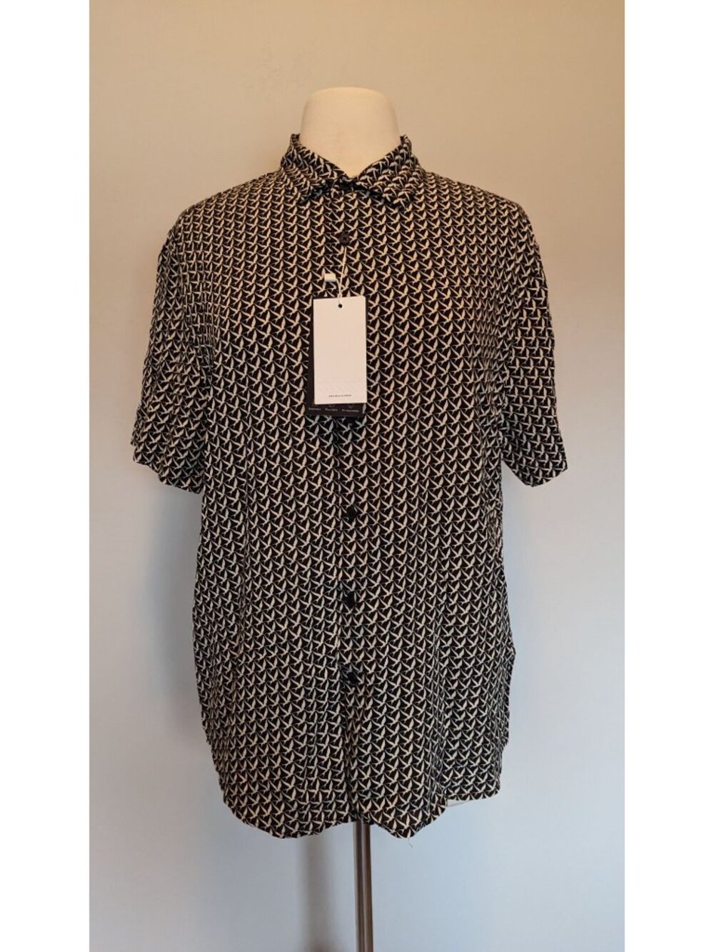 Mens Black & White Bird Print Button-Up Shirt Denim & Flower Ricky Singh Large